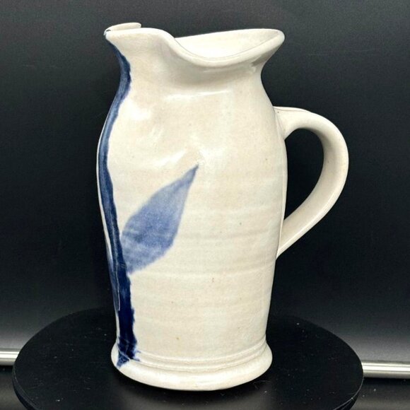 Vintage Pottery Hand Turned Salt Glaze Blue Leaf Pitcher Vase 7.5" - Picture 3 of 12